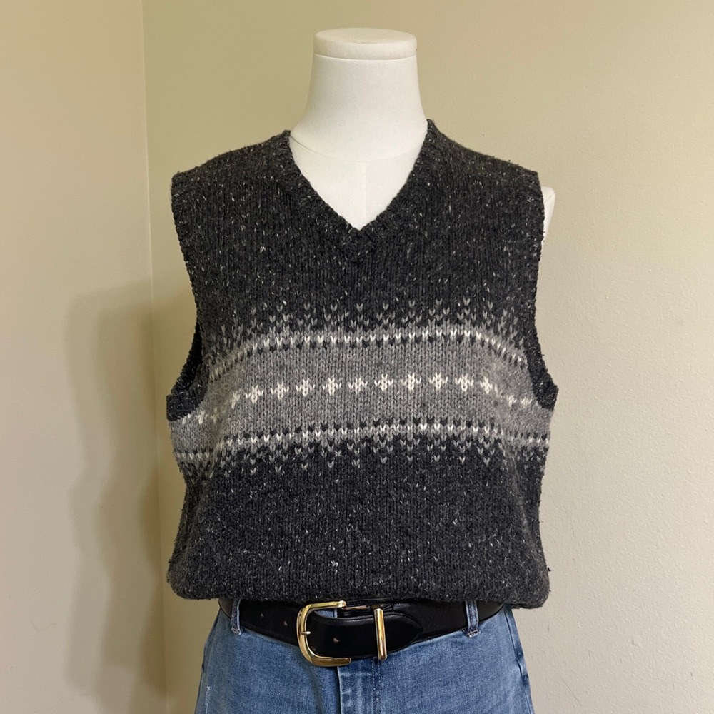 Marsh Landing Vintage Fair Isle Sweater Vest Charcoal Grey V-Neck Wool Blend M